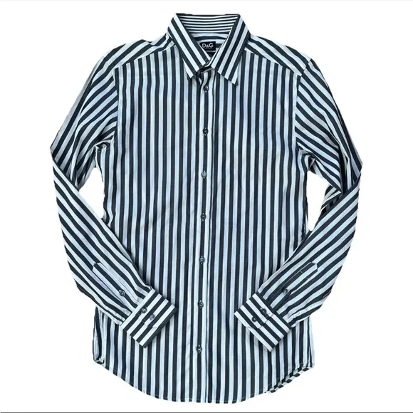 Dolce & Gabbana Button Down Shirt Black Gray Pinstripes Slim Fit Size 48 - Picture 3 of 8